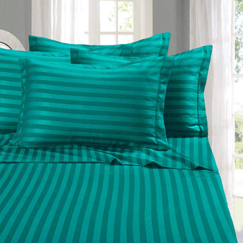 Ensemble de draps rayés en microfibre percale, Turquoise, Ensemble de draps pour très grand lit avec 2 taie