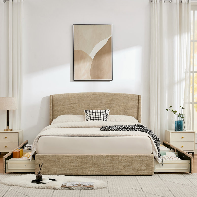 Lit plateforme tapissier avec 4 tiroirs Braya, brun clair, grand, Marron clair, Grand