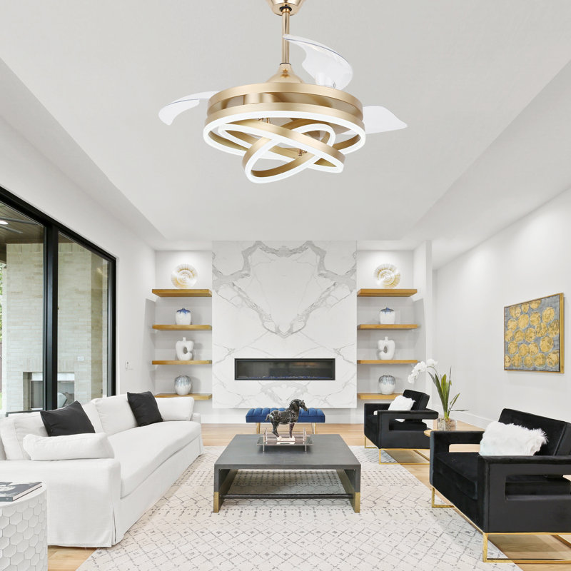 Gold Retractable LED Ceiling Fan Chandelier with Remote Control