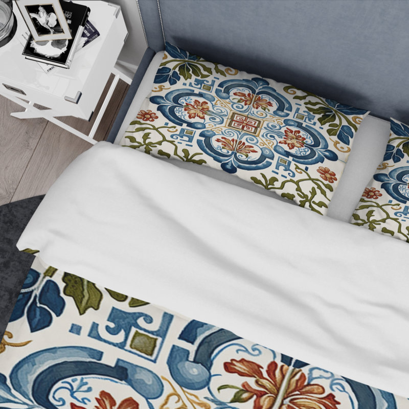 Mediterranean Tiles In Retro Blue I BeddingMicrofiber / Polyester Duvet Cover Set, Queen Duvet Cover + 2 Standard Shams