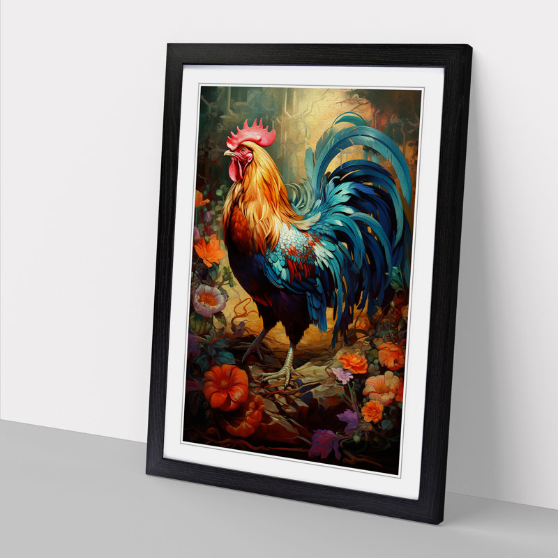 Rooster Tachisme - Single Picture Frame Print on Wood, Black, 46cm H x 34cm W x 2cm D