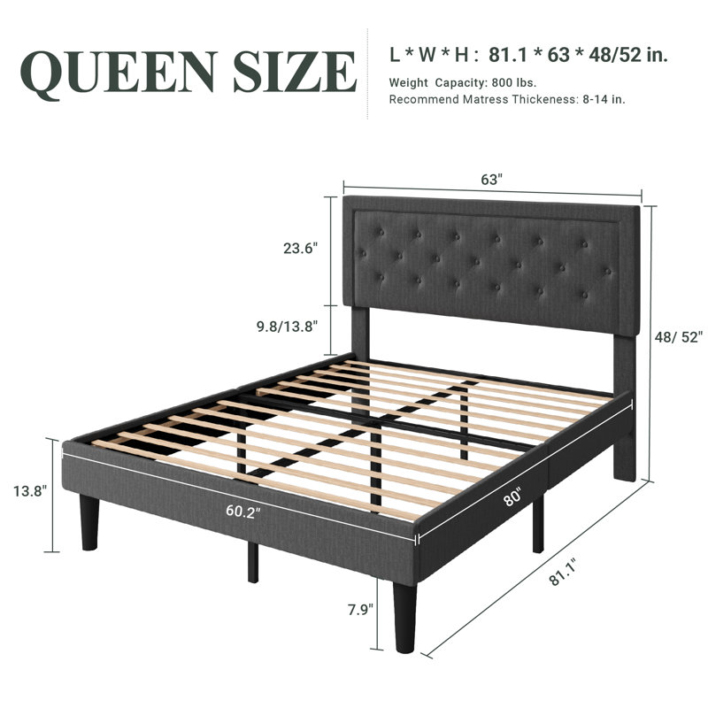 Aquavion Upholstered Platform Bed, Queen, Dark Gray