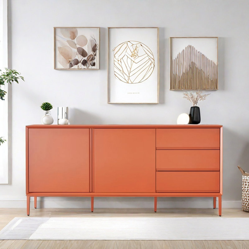 Buffet moderne avec 2 portes et 3 tiroirs, Orange-rouge, H 31,5 po x l 59,06 po x P 15,75 po