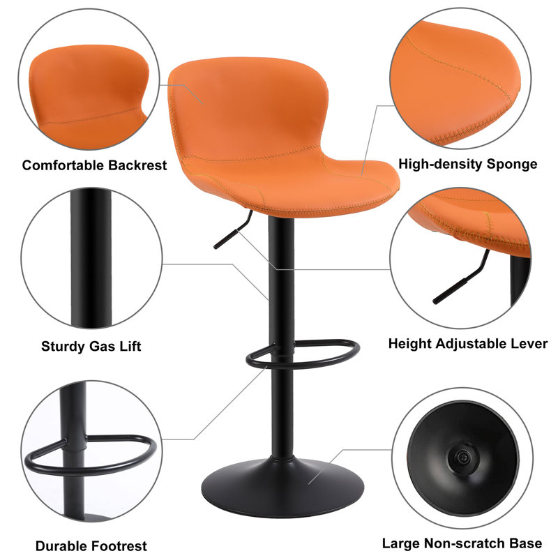 Orange Adjustable Swivel Metal and Leather Bar Stools Set