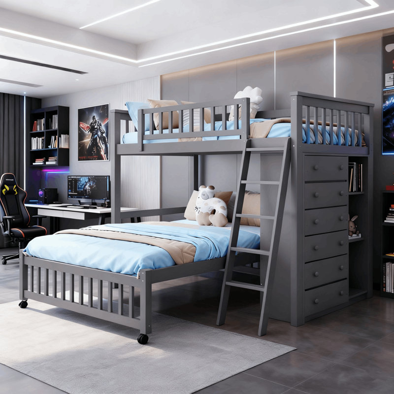 6 Drawers Twin Over Full L-shaped Bunk Bed With Shelves, Gray