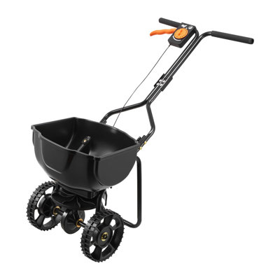 Épandeur à pied avec pneus tout-terrain de 10 pouces, trémie d'une capacité de 15 lb, contrôle de débit réglable pour engrais de pelouse et semence de gazon