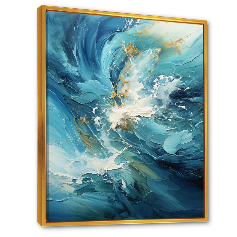 Océan blanc et courants bleus sur toile, Cadre flottant doré, H 44 po x l 34 po x P 1,5 po