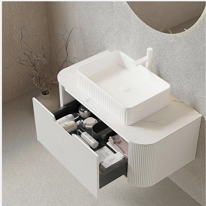 Meuble-lavabo et lavabo pour salle de bain 36 po, tiroir en contreplaqué à rayures flottantes avec tiroir, lavabo rectangulaire en céramique blanc et plateau en pierre frittée Carrara blanc, pré-assemblé, blanc (nouveau SKU)