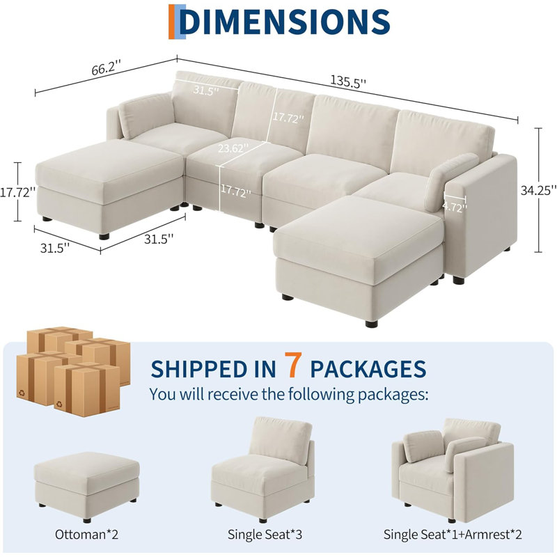 Canapé modulaire de 135,5 po, canapé en chenille en U avec repose-pieds 6 places, canapé convertible à assise profonde, beige