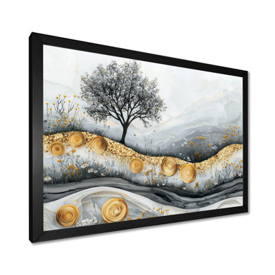 Fleurs dorées dorées, rivière de cristal, paysage II - art mural grandes fleurs sauvages
