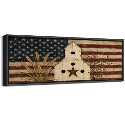 Rustic American Flag Birdhouse Barn Star Patriotic Wall Decor - Large Framed Canvas Master Bedroom Wall Art Print