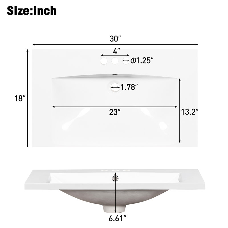 30" Single Bathroom Sink Vanity Top. Resin Produced, And Dependable. 3 Holes. Smooth Surface, Easy To Keep In Good Condition. Fits Cabinets. White. 6.62 In. Height, 17.5 Width, 28.3 Lb Resin. Basin