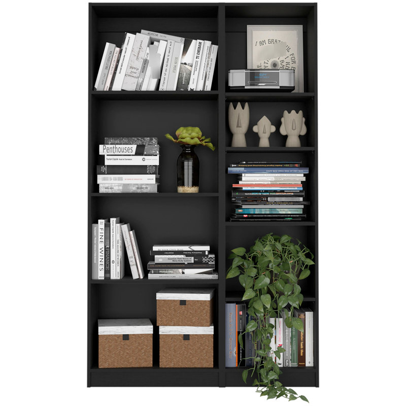 Bibliothèque de salon Slim 2 - noire, pouvant accueillir différents objets de taille noire, 2 pièces, 7 tablettes, économise de l'espace efficacement, bois