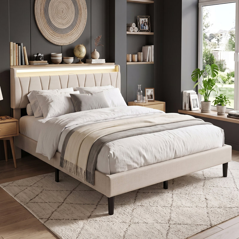 EU Sizes Linen Bed Frame with Storage Headboard & USB Ports, Smart Upholstered Platform Bed with App RGB LED, Beige & Grey, 90/140/160x200cm