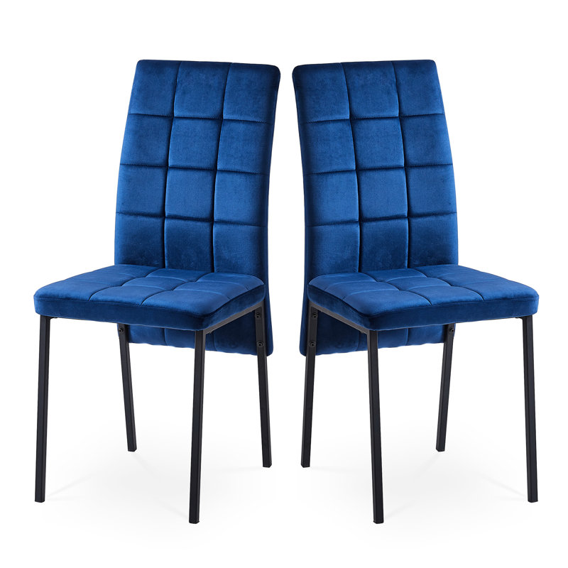 2 chaises en velours bleu foncé à haut dossier, 2 repas nordiques avec pieds noirs, rembourrage doux ergonomique, 2 pièces, dossier moderne, style, coussin de siège
