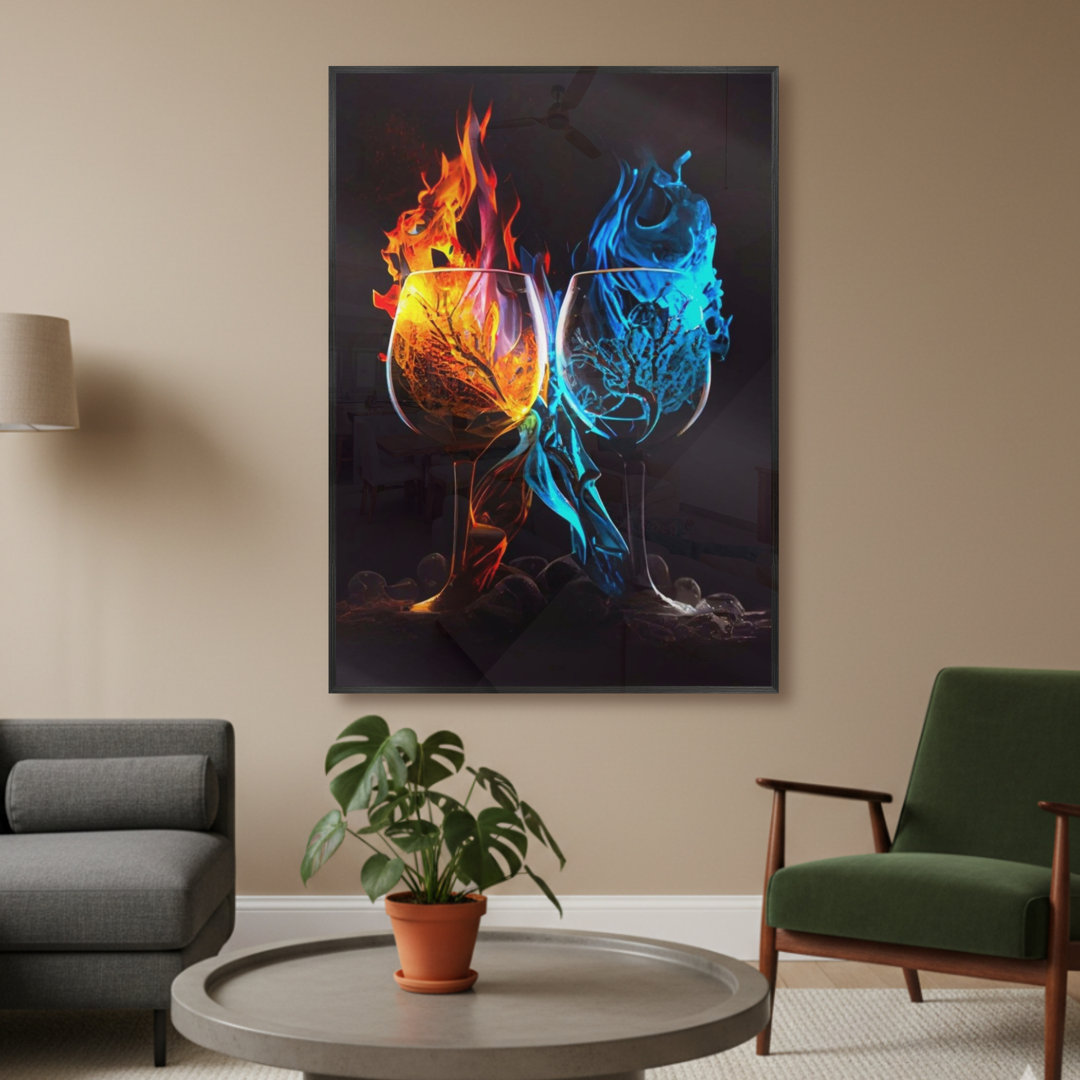 LED Illuminated Wall Art – Fire And Ice Wine Glasses Framed Wall Art With Remote Control