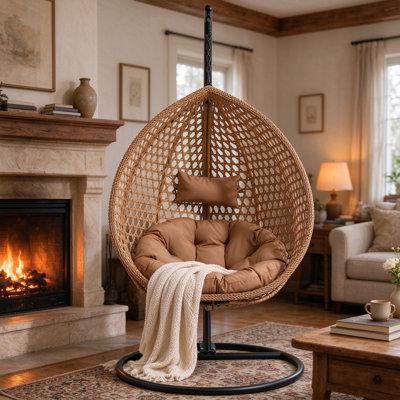 Chaviano Outdoor/Indoor Wicker Egg Chair with C-Stand, Teardrop Swing Chair with UV-Resistant Cushion for Patio, Garden & Porch
