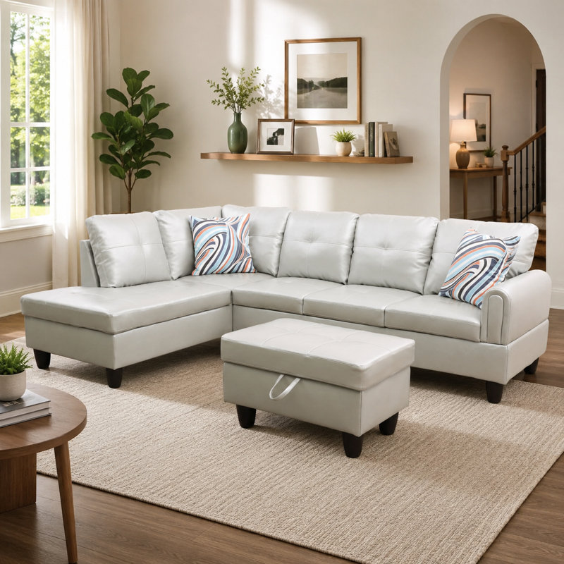 97" Wide Faux Leather Linen Right Hand Facing Stationary Sofa & Chaise with Ottoman, Left Hand Facing