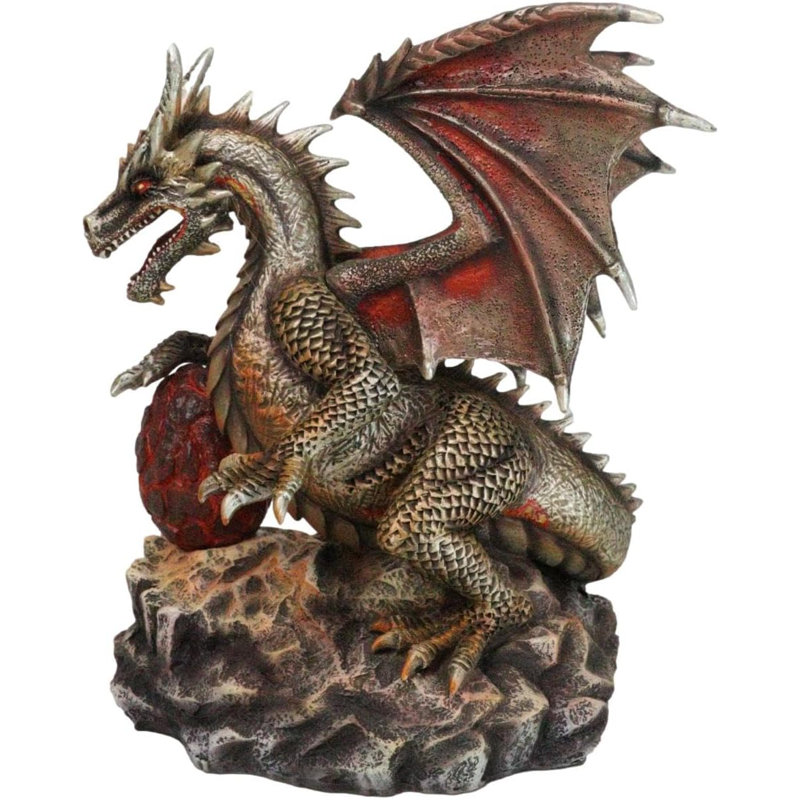 Fantasy Bronzite Fire Dragon Guarding LED Scaled Egg Decorative Figurine
