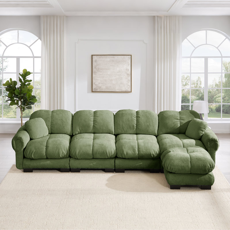 Ensemble de canapé modulaire surdimensionné en chenille avec coussins et 1 repose-pieds, vert sauge, 1 repose-pieds