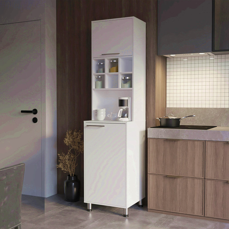White Kitchen Pantry With Pneumatic Door And Open Storage