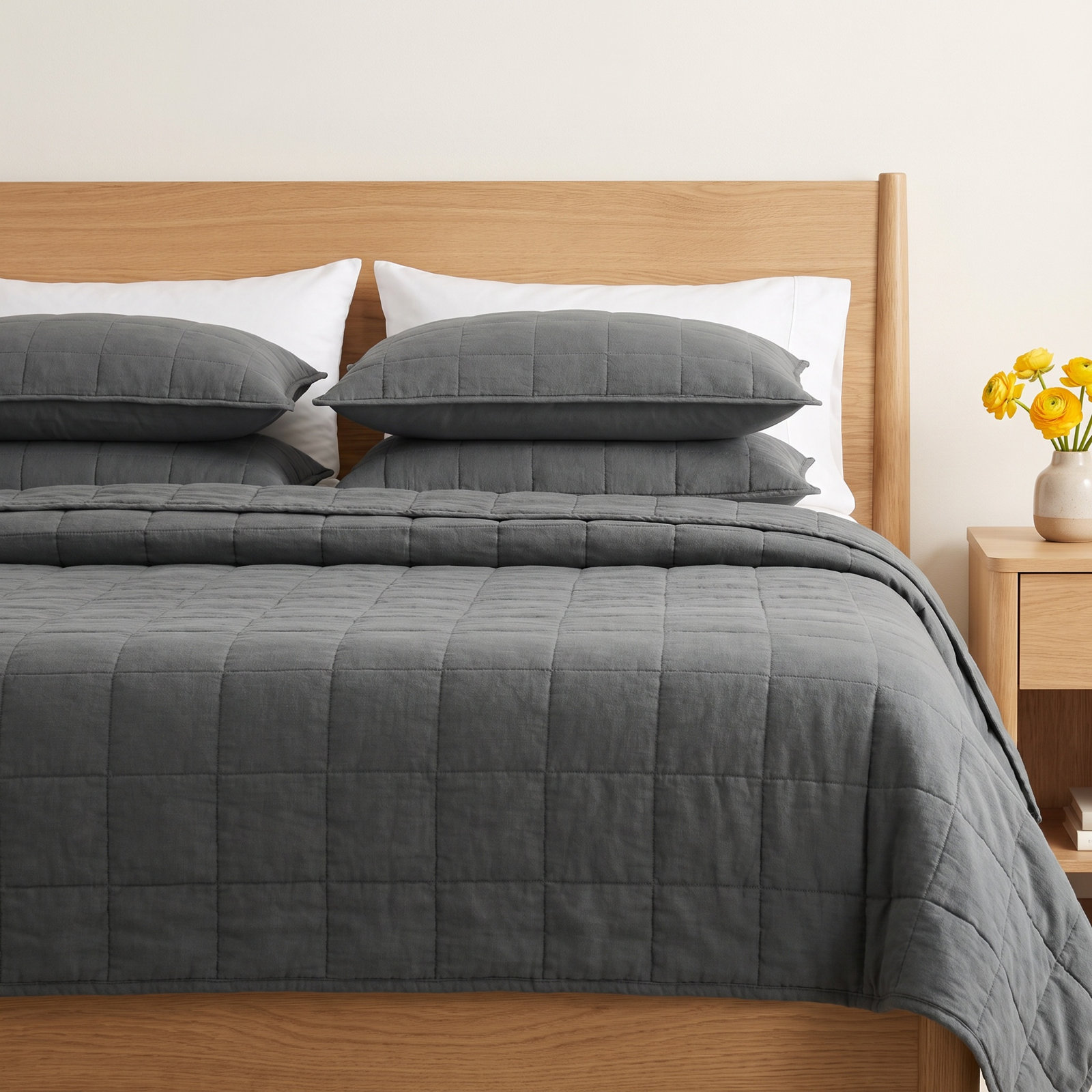 Ester Percale Quilt Set, Queen Quilt + 2 Queen Shams, Charcoal
