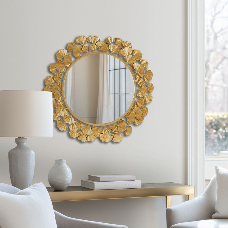 Martha Stewart Eden Gold 30.5" Dia. Round Ginkgo Leaf Metal Wall Mirror, Gold