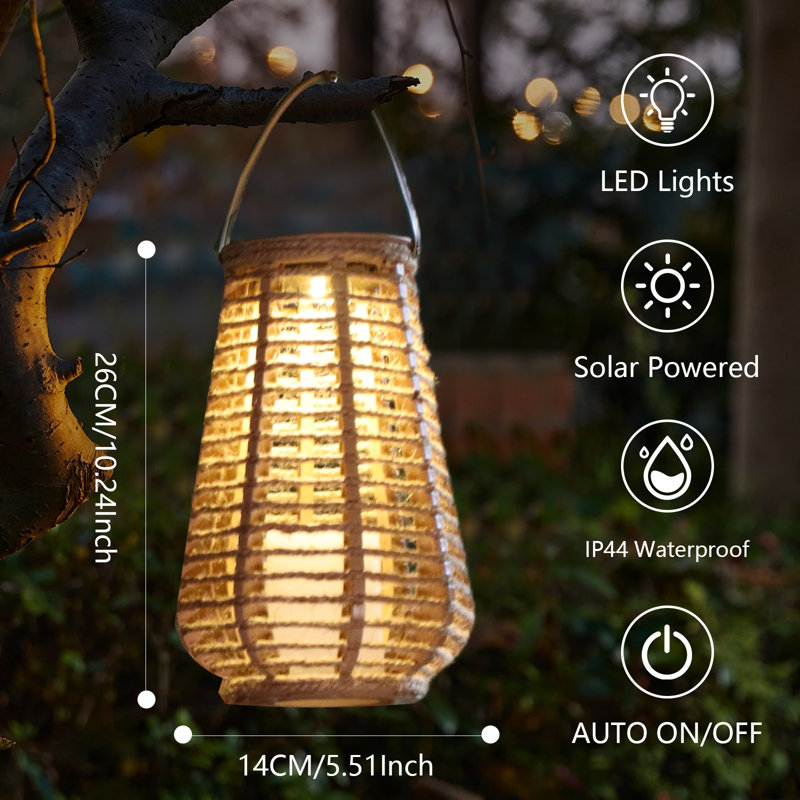 Lot de 2 lanternes solaires d'extérieur étanches, lanternes solaires en forme de vase avec poignée, corde enroulée à la main, allumage automatique du crépuscule à l'aube, DEL pour terrasse, jardin ou porche