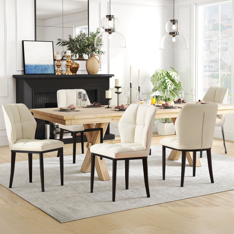 Faux Leather Dining Chairs, Upholstered Wide Backrest High Back Kitchen Chairs, Beige