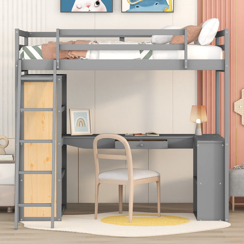 Lit mezzanine avec échelle, tablettes et bureau, Lit simple, Gris