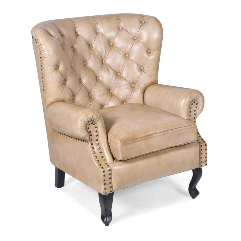 Genuine Leather Upholstered Armchair in Cream