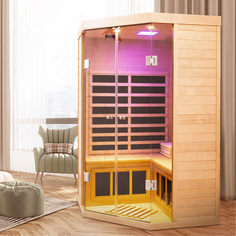 Deluxe 2-Person Far-Infrared Hemlock Corner Sauna Room with Full Transparent Glass Front