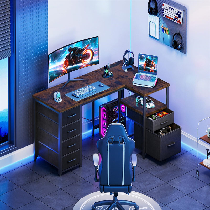 Corner Computer Desk With 1 Filing Cabinet And 5 Linen Drawers, L-Shaped Desk With Power Outlets, Brown/Black