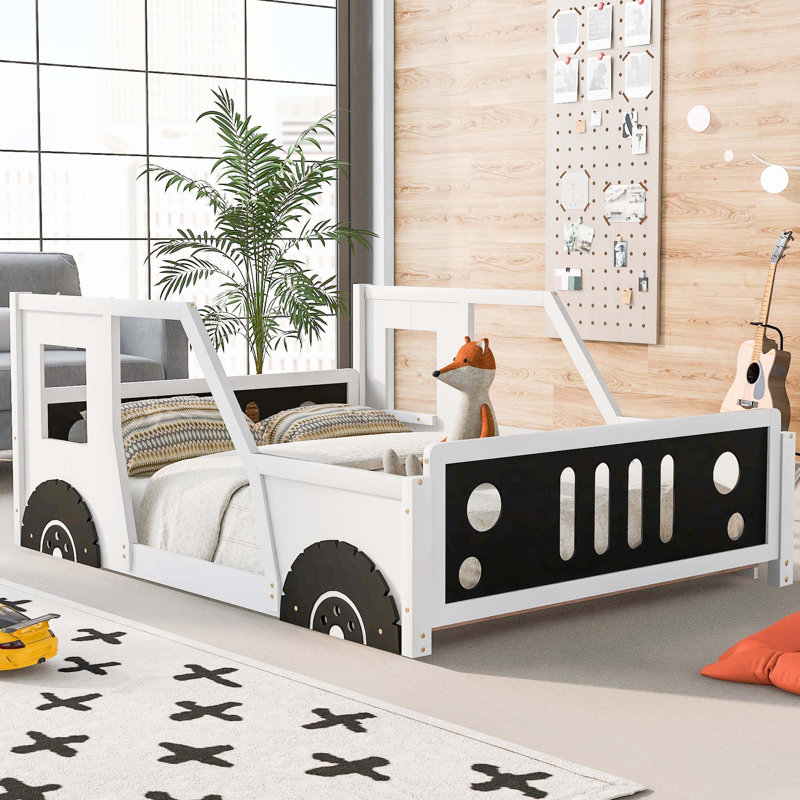 Twin Size Classic Car-Shaped Platform Bed With Wheels, White, Full