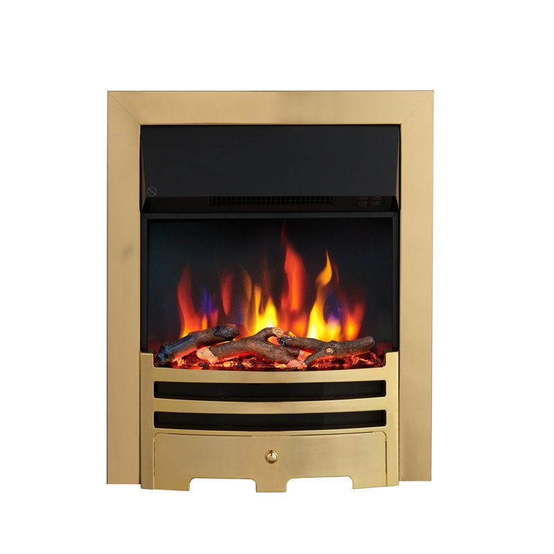 FLAMEKO Verona Electric Fireplace Insert, Logs and Black Chips Included 2kW Heater, Bauhaus Fret, Remote, Brass