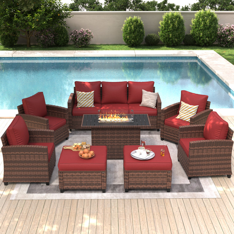 7-Person Outdoor Seating Group With Fire Pit Table, Red, Brown