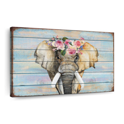Éléphant, couronne florale sur toile