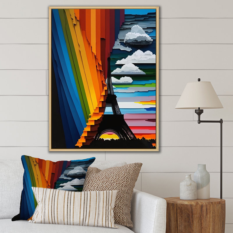 «Paris Eiffel Tower Contemporary Rainbow I», reproduction sur toile, Cadre naturel flottant, H 32 po x l 24 po x P 1 po