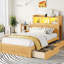 Lit simple en bois avec tiroirs, tête de lit à rangement, à DEL, aménagement personnalisable pour les tiroirs de chambre à coucher et rangement escamotable, cadre durable