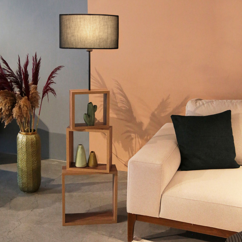Modern Wooden Floor Lamp, Black, 14.6 x 54.3 x 82.7 inches | MDF Body with Fabric Cap, Max Height 78.7 inches | E27 Socket, 40W | Ideal for Industrial & Scandinavian Decor, Stylish & Functional Lighting Solution