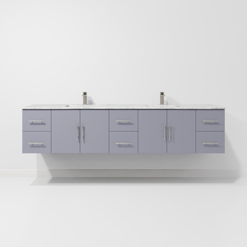 Geneva 84" Wall-Mounted Double Bathroom Vanity Set, Dark Gray, White Carrara Marble