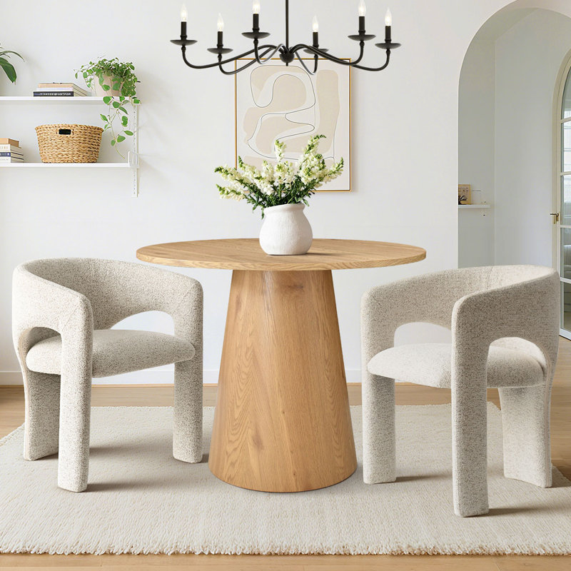 3-Piece Round Dining Table Set With Upholstered Armchairs, Oak