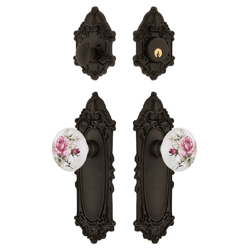 Ensemble d'entrée victorien Nostalgic Warehouse avec bouton en porcelaine rose, Bronze huilé, 2.75