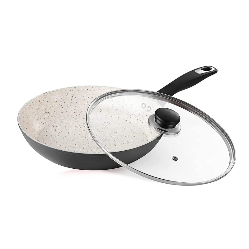 CS KOCHSYSTEME Aluminum Non-Stick Frying Pan with Lid, 9.5", Black/White