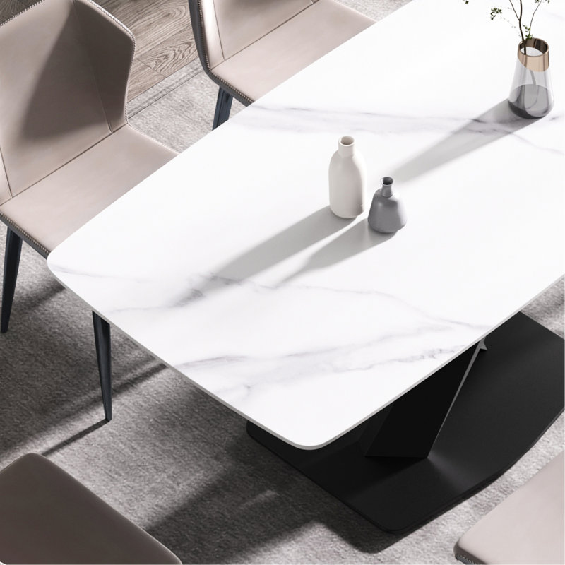 Table de 63 po en pierre frittée blanche avec pieds en métal noir solide pour 6 à 8 personnes