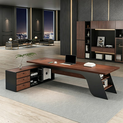 86.61"Modern minimalist brown L-shaped solid wood executive desk