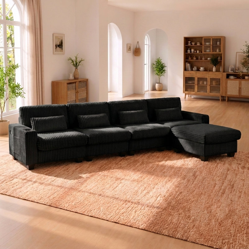 Canapé modulaire modulaire en L avec repose-pieds détachable et 4 coussins lombaires, Noir
