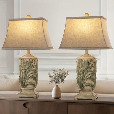 25" Vintage Table Lamps | Rustic Retro Beside Lamp Set Of 2, Farmhouse Resin Table Lamp For Living Room Bedroom Nightstands, Rotary Switch, Carved Leaf, 3 Color Temperature, Linen Shade, 2 Bulbs Included