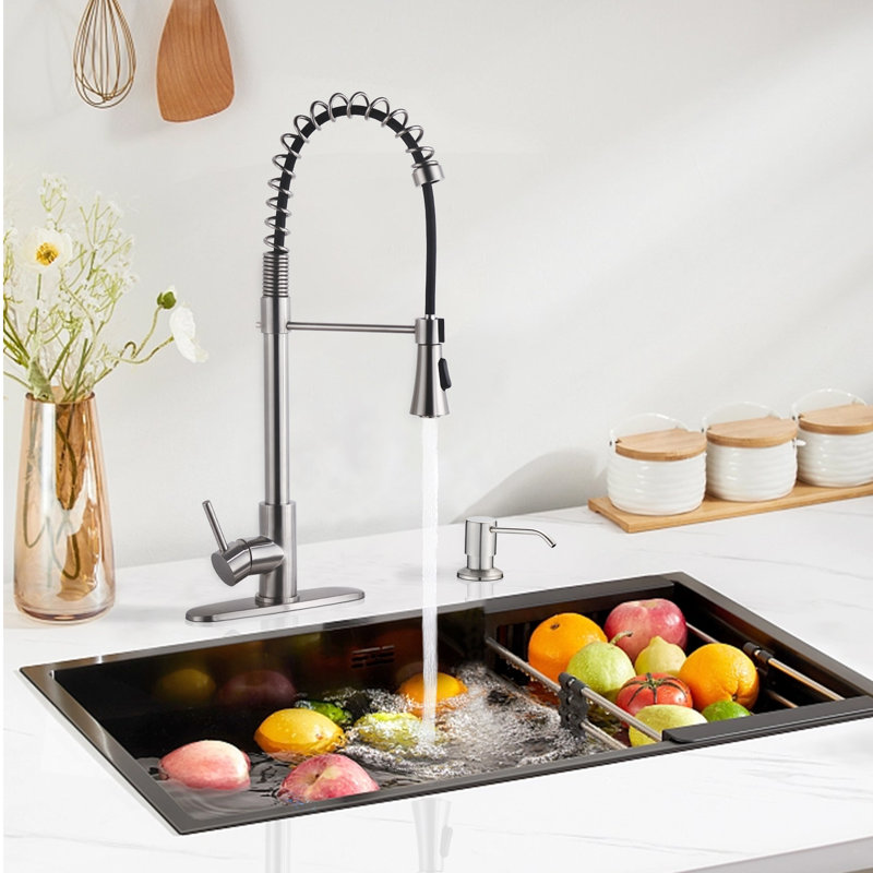 Robinet de cuisine rétractable à poignée simple avec distributeur de savon, Nickel brossé