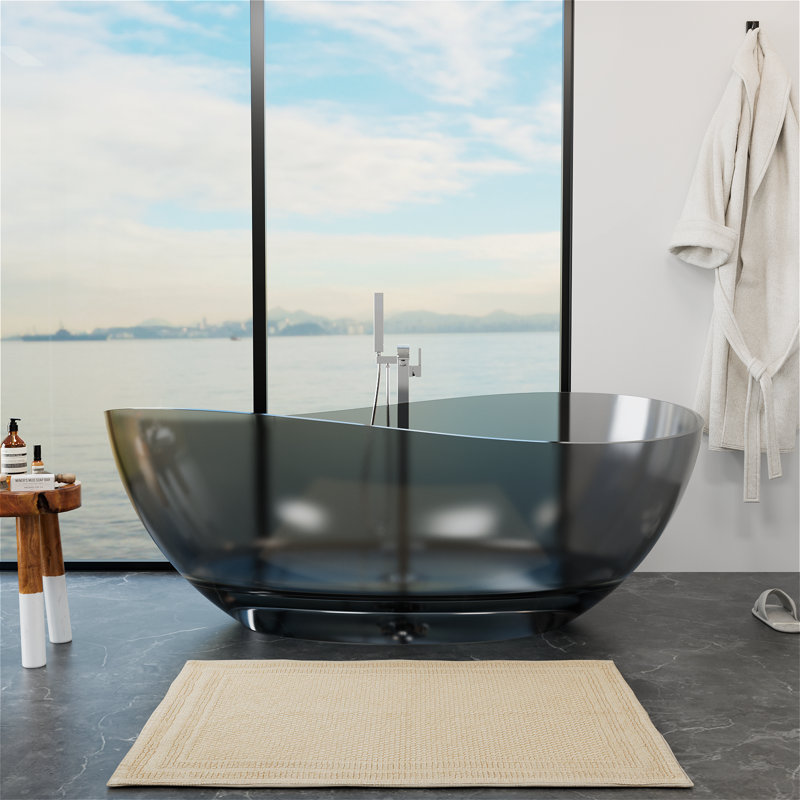 63"Artful Wavy Curve Resin Tub, Dark Gray Transparent Egg Shape Freestanding Soaking Bathtub with Drain, Black